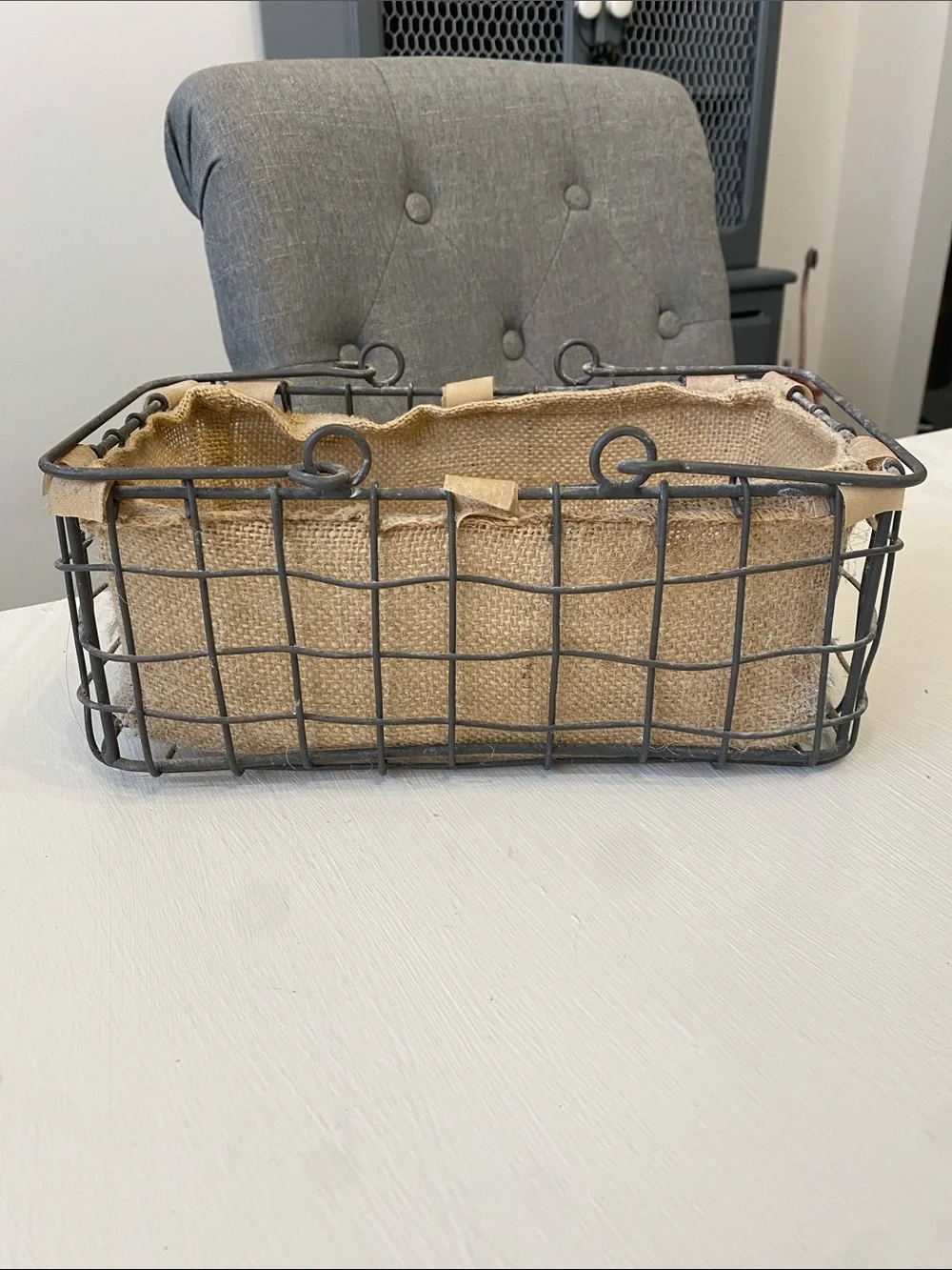 Rustic Wire Basket with Burlap Liner - Boho Chic Farmhouse Rustic Cottagecore